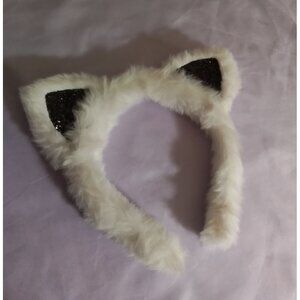 Faux Fur Cat Ears Headband Adjustable Fit White With Black Shimmer Accents